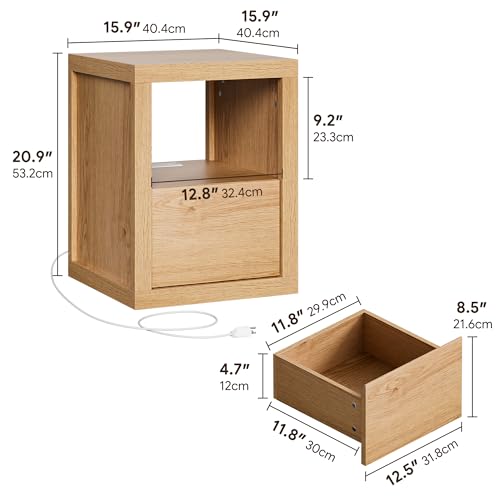 Wabi-sabi Style Nightstand, Modern Bedside Table with Charging Station,Thickened Wood End Table with Drawer Storage & Open Shelf, Night Stand for Bedroom,Oak - color: Oak