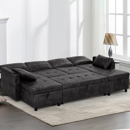 110 inches Suede Leather Sleeper Sofa w/Pull Out Bed, Black | U-Shape Sectional Sofa Bed w/Adjustable Backrest and Storage Chaises, 4-Seats Upholstered Sofa Bed w/USB Port for Living Room - color: Black, size: 110"