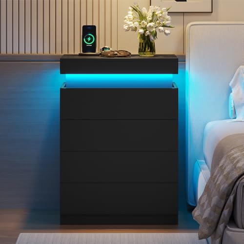 ADORNEVE Black Large Modern Night Stand Set of 2 | Tall Nightstand with Charging Station & LED Light & Sliding Top,Bedside Table with Drawers,Bed Side Tables Bedroom - color: Black, size: 2PC