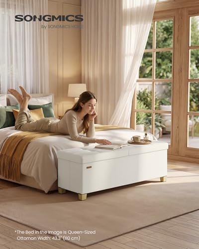 SONGMICS Storage Ottoman Bench with Legs, Folding Ottoman Foot Rest with Flipping Lid, Bench with Storage, for Living Room, Bedroom, Entryway, Velvet, 43.3 Inches, Cappuccino Beige ULSF083LH01 - color: Cappuccino Beige, style: with Flipping Lid