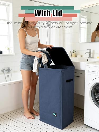 WTREE Laundry Hamper with Lid, Reinforced Sturdy Clothes Hamper with Anti-Puncture Base, Large Collapsible Laundry Basket with Removable Liner Bag, Tall Dirty Clothes Bin for Family, 100L Navy Blue - color: Navy Blue