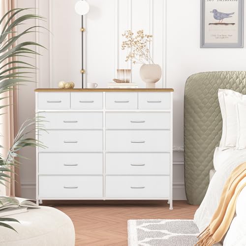 VASICAR 12 Drawers Dresser for Bedroom, Compact Chest of Drawers | Storage Tower with Retro Wood Top, Tall Fabric Dressers for Closet Organizer, Nursery Storage Cabinet (Classic White) - color: Compact Classic White