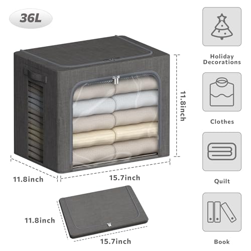 4 Pack Clothes Storage Bins with Metal Frame - 36L Stackable Storage Box with Lid,Foldable Storage Container Organizer for Clothes,Linen Fabric Storage Box with Clear Window&Zippers&Handles - color: Grey, size: 36L