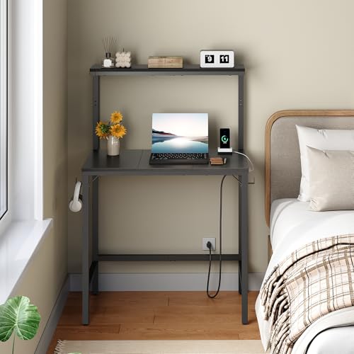 HOOBRO Small Computer Desk, 28.3" Desk for Small Spaces, Home Office Desk with Power Outlet & Adjustable Monitor Stand, Compact Desk with Storage, Writing Table for Bedroom, Office, Black BB38UDN01 - color: Black