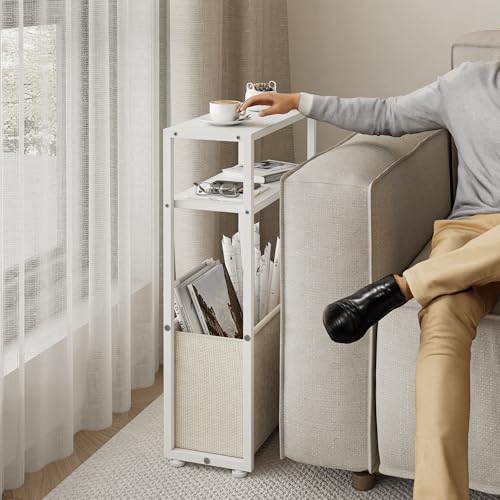 Leomonio Narrow Side Table, Slim End Tables with Fabric Basket, Skinny Table for Small Spaces, Thin Bedside Table for Living Room, Bedroom (1, White + Camel Brown) - color: White + Camel Brown