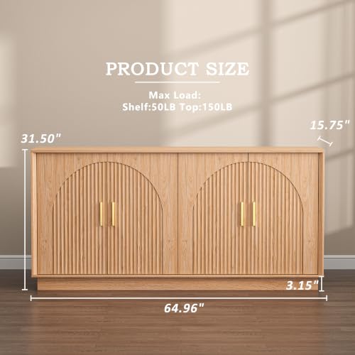 Buffet Cabinet with Storage, 65"W Fluted Sideboard Buffet Cabinet with Adjustable Shelves, Single-Box Modern Wood Credenza Accent Storage Cabinet for Dining Room Living Room Hallway, Nature Oak - color: Nature Oak, size: 65'' WIDE