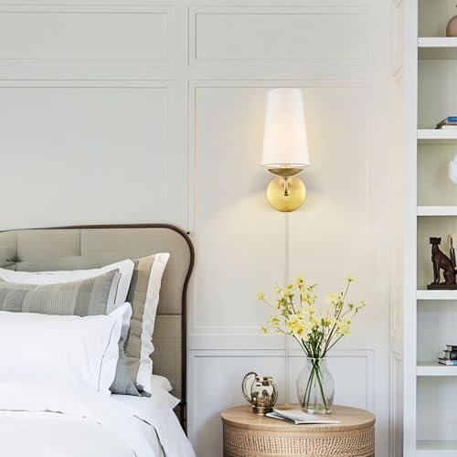Moose Gold Wall Sconces Set of Two Linen Shade Plug in Wall Lamp | Modern Brass Wall Lighting with Fabric Shade for Bedroom, Living Room, Dining Room, Entryway - color: Gold, size: 2-Pack | 1-Light