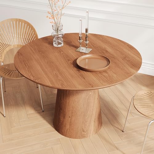 43" Round Dining Table Modern for 4, Natural Wood Grain Circle Kitchen Table with Cone Wood Pedestal Base, Mid Century Circular Dining Table for Living Room, Walnut - color: 43 Inch Walnut