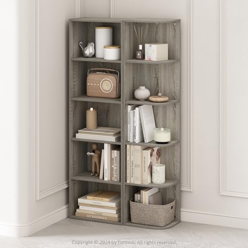 Furinno Reed Corner Shelf, 5-Tier Corner Bookshelf, Book Shelf, Corner Shelves, Storage Rack, for Organization and Storage, Home Office, Living Room, French Oak - color: French Oak, size: 5-Tier Corner
