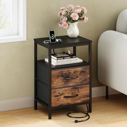 OLIXIS Nightstand with Charging Station, Beside Table with Fabric Drawers | 3-Tier End Table with Storage Shelf, Night Stand with USB Ports and Outlets for Bedroom, Rustic Brown and Black - color: Black and Brown, size: 15.7"Dx11.8"Wx23.6"H(2 Drawer, 1 Pa