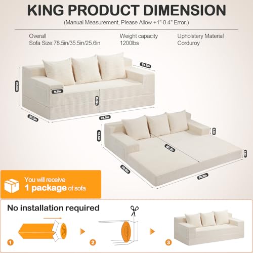 Erament Convertible Futon Sofa Bed Couch, 78'' Corduroy Folding Sofas Bed, Compression Boneless Floor Couch Sofa Beds with 3 Pillows for Living Room Bedroom Apartment - color: Beige, size: 78''(King)