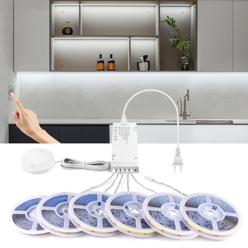 AIMENGTE Cabinet Light 12V COB LED Strip Lights, 6-in-1 Penetrable Touch Dimming, Suitable for Wine Cabinets, Shoe Racks, Display Cabinets, Wardrobes, Kitchen Cabinets, and Showcase Lighting - color: Cold white 6500K, size: 6 X 6.6ft