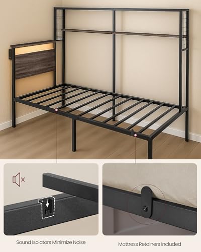 VASAGLE Twin Size Metal Bed Frame with Headboard, Multifunctional Storage, Built-in LED Lights, Charging Station, Bookshelf, Bedside Shelf, Space-Saving, No Box Spring Needed, Ash Brown URMB963K01 - color: Ash Brown