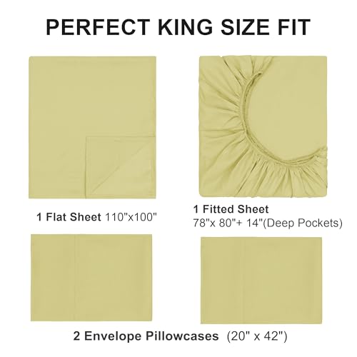 King Sheet Sets, Cotton Blended Breathable Bed Sheets 4 Piece, Deep Pocket Up to 14", 1 Fitted Sheet, 1 Flat Sheet and 2 Pillowcases (Yellow, King) - color: Yellow-4pcs Sheet Set, size: King