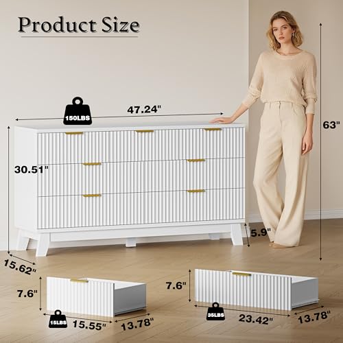 BORNOON Fluted 7 Drawer Dresser, 47.2" Wide Modern Boho Chest of Drawers, Wooden Storage Dresser TV Stand for Bedroom, Living Room, Closet, Hallway, Curved Profile Design - color: Pure White, size: 7-Drawer