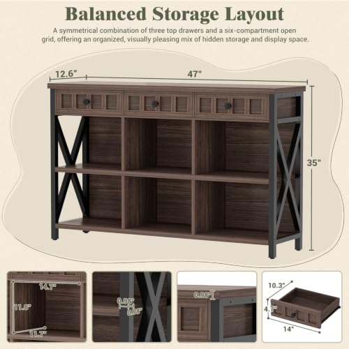 6 Cube Storage Organizer Bookcase, Cube Bookshelf with Drawers 47" | Short Open Bookshelf 3-Shelf Low Bookcase for Bedroom, Home Office, Living Room, Entryway, Black Walnut - color: Black Walnut