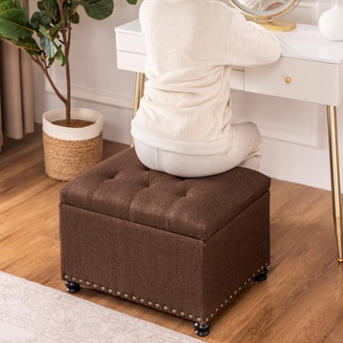Ottoman with Storage,24" Fabric Ottoman Foot Rest with Hinged Lid Small Rectangle Upholstered Tufted Foot Stools Ottomans for Bedroom Living Room Entryway,Coffee Brown - color: Coffee Brown