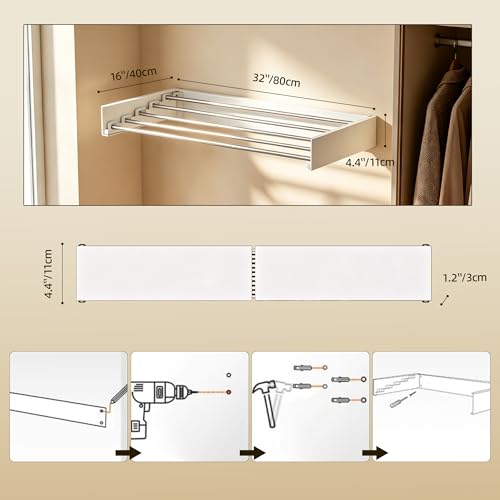 Wall Mounted Drying Rack 32", Rust-Resistant, for Laundry & RV | Folds to 1.2" Ultra-Thin, Space Aluminum, for RV & Apartment, Collapsible Clothes Drying Rack - size: 32 Inches