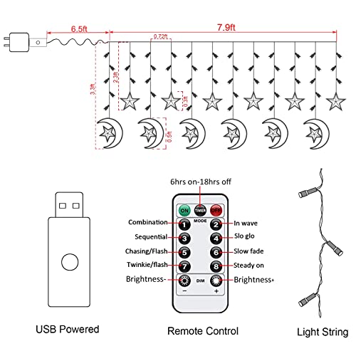 Ramadan Decorations for Home,138 LED Upgraded Extra Large Star Moon Curtain Lights for Kids Bedroom Decor,USB Powered 8 Modes Remote LED Fairy Lights for Ramadan Window Wedding Christmas Decor