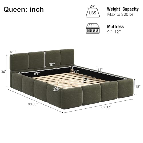 Boucle Upholstered Platform Bed Frame Queen, Linen Grounded Bed with Headboard and Footboard, Block Style Bed for Adults Kids Green - color: Green, size: Queen