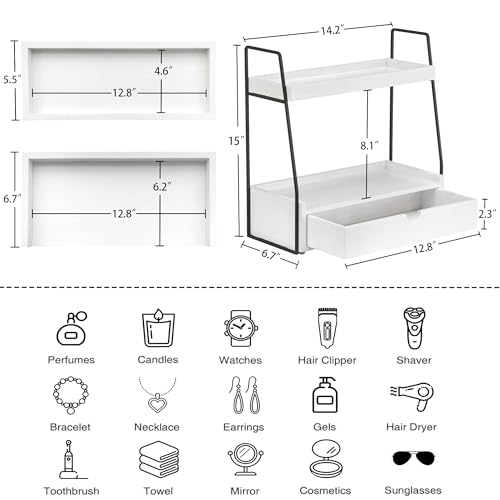 2-Tier Bathroom Organizer Countertop with Drawer, Wood Counter Organizer for Bathroom Decor, Sink Shelf for Vanity Storage, Makeup Tray for Perfume Skincare, Spice Rack Bedroom Kitchen Corner - color: White&black