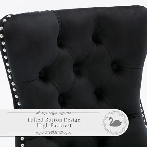 Velvet Upholstered Dining Chairs Set of 6, Modern Style Kitchen Side Chairs with Nailhead Trim and Wood Legs,Metal Pulling Ring for Dining Room Living Room(Black,Set of 6) - color: Black, size: Set of 6