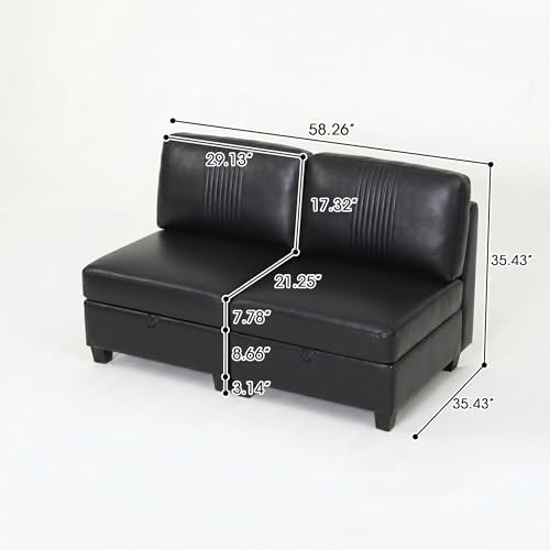 ERYE 58-Inch Compact Loveseat Sectional Sofa 2 Seat Armless Storage Modular Sofa Couch W/Deep Seat,Pet Friendly Faux Leather Upholstered Love Seat Convertible Chaise Lounger Couch - color: Black 58"