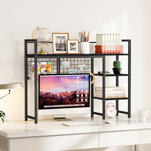 Snughome Desk Shelf, 38.6" Desktop Organizer Shelf, Desk Hutch for Computer Monitor, 4 Tier Desk Display Rack with Pegboard Hooks Set, Wood Desktop Bookshelf for Home Office Dorm, Black - color: Black, size: 38.6"