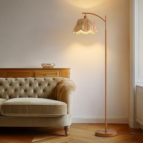 Rattan Floor Lamp for Bedroom, Boho Floor Lamp with Foot Switch, Farmhouse Standing Lamps for Living Room with Hand-Woven Shade, Walnut Metal Base & Pole - color: Walnut