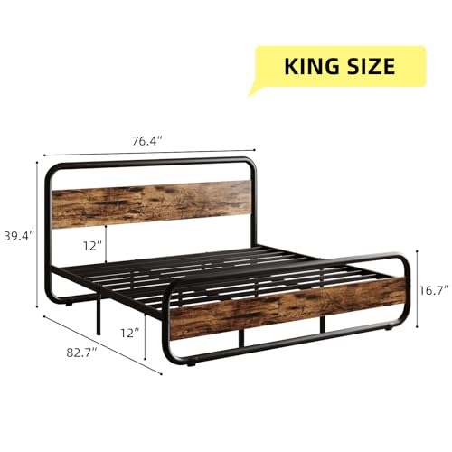 King Size Bed Frame, Wood Headboard and Footboard, LED Lights, Rustic Brown | Metal Platform with Heavy Duty Metal Slats Support/12 in Under-Bed Storage/Noise-Free/No Box Spring Needed/Easy Assembly - color: Rustic Brown, size: King (U.S. Standard)