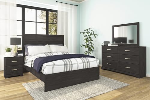 Signature Design by Ashley Belachime 2 Drawer Black Nightstand, Charcoal | Durable engineered wood with decorative laminate finish, Antiqued dark pewter-tone handles, Contemporary bedroom style - color: Black, style: Night Stand