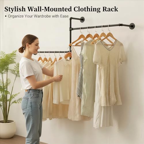 Industrial Pipe Clothing Rack, Wall Clothes Rack, Hanging Rod, Garment Rack | Pipe Clothes Rails, Multi-Purpose, Heavy Duty, Space-Saving, Clothes Bar, Organizer, Closet - style: wall clothing rack-2 hanging rods
