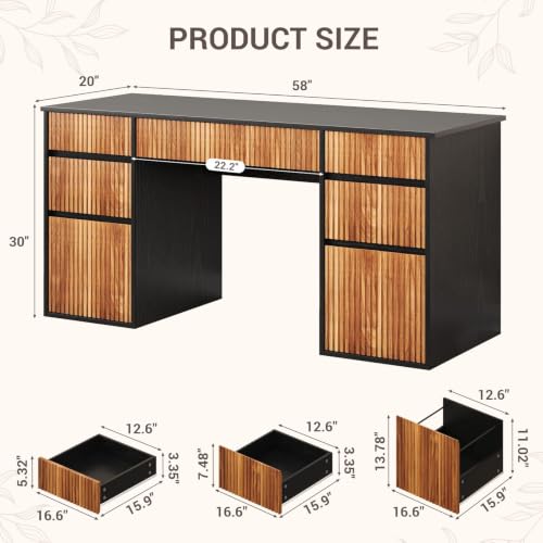 Desk with Drawers, 58 Inch Executive Office Desk with File Drawer, Black | 7 Storage Drawers, Modern Fluted Design, Handleless Drawers, for Bedroom, Study Room, Home Office - color: Black and Walnut, size: 58 Inch
