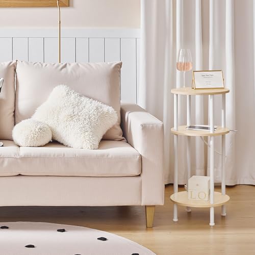 HOOBRO Small Round Side Table, 3-Tier Compact Sofa End Table with Charging Station, Circle Bedside Table Nightstand with Storage, for Small Space, Living Room, Bedroom, Natural and White WN219UBZ01 - color: Natural + White