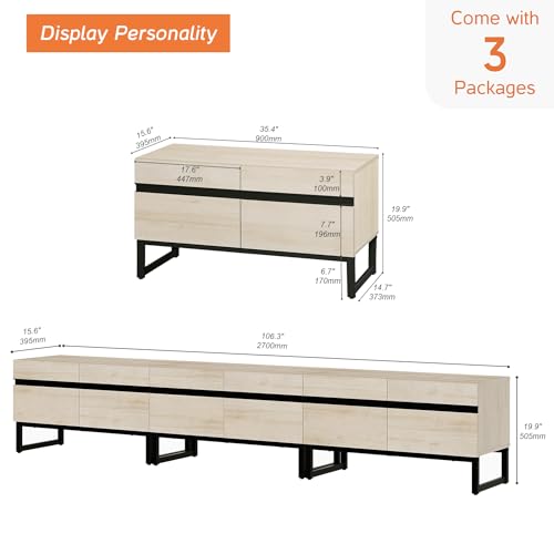 WAMPAT Modern TV Stand for 32-110 Inch TVs, Wood Entertainment Center with Metal Base Storage Cabinets, Media TV Console for Living Room, Light Oak, 3Pcs - color: Light Oak, size: 3 Pcs