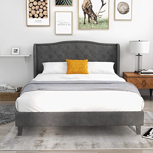 Upholstered Queen Bed Frame w/Wood Slats & Noise-Free EVA Foam | Velvet Mattress Foundation, Button Tufted Wingback Headboard, No Box Spring Needed, Low Platform Bed Frame - size: Queen (U.S. Standard)