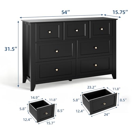 IDEALHOUSE 7 Chest of Drawers for Bedroom, 54''L Drawer Dresser, Black | Simply 7 Drawer Dresser for Hallway Entryway, 15.8"D x 54"W x 31.5"H, Lacquered Storage Organizer for Living Room - color: Black, size: 15.8"D x 54"W x 31.5"H (7 Drawers)