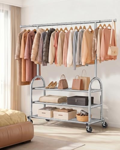 Heavy Duty Clothes Rack for Hanging Clothes Load 688 LBS, Height Adjustable Rolling Clothing Racks, Portable Metal Coat Rack Garment Wardrobe with Wheels and 3 Shelves for Bedroom, Silver - color: Silver, style: 3 Shelves