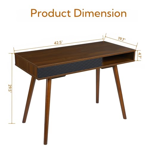 42.5 Inch Small Home Office Desk with Drawers, Mid Century Modern Minimalist Writing Desk, Slim Wood Computer Table with Storage for Apartments, Dorms, Easy to Assemble, Walnut