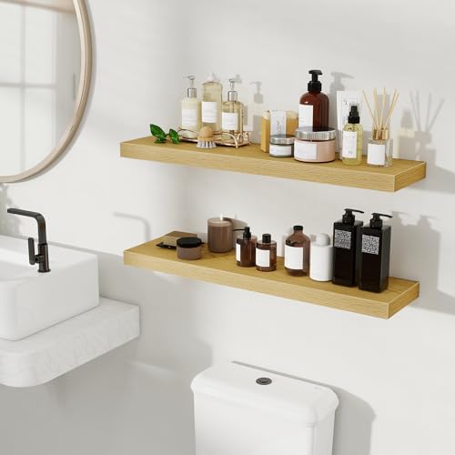Fun Memories Floating Shelves for Wall, 32 Inch Set of 2 Rustic Wood Wall Shelves with Invisible Brackets, Heavy Duty Storage Display for Living Room Bedroom Kitchen, Oak - color: Oak, size: 32"W x 6.5"D, Set of 2