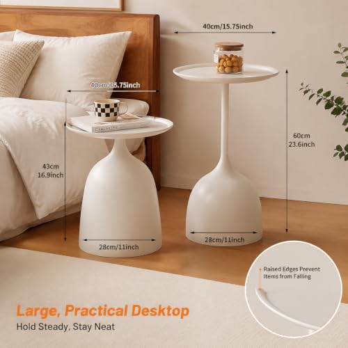 Round Nesting End Table Set of 2, White Side Table for Living Room - color: White