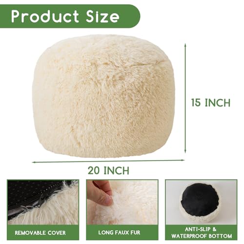 HIGOGOGO Round Stuffed Pouf Ottoman, Long Faux Fur Poufs with Foam Chunk Filling, Fluffy and Furry Pouf Foot Stool Storage Ottoman, 20 X 15 Floor Poufs Foot Rest for Living Room, Beige - color: Beige, size: 20"D x 20"W x 18"H
