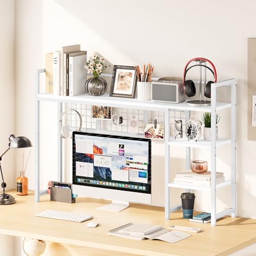 Snughome Desk Shelf, 44.9" Desktop Organizer Shelf, Desk Hutch for Computer Monitor, 4 Tier Desk Display Rack with Pegboard Hooks Set, Wood Desktop Bookshelf for Home Office Dorm - color: White, size: 44.9"