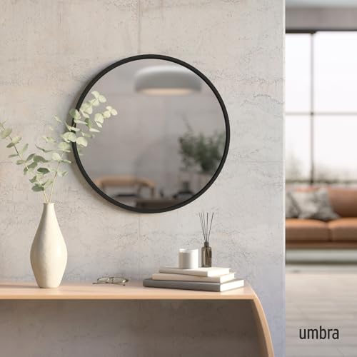 Umbra Hub Round Wall Mirror, Rubber Frame Bathroom Mirror, 24-Inch, Black