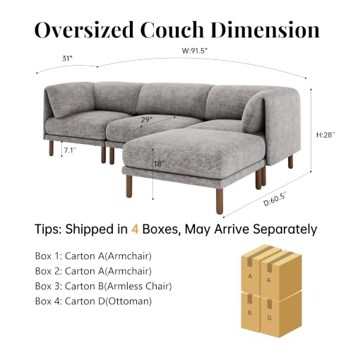 Cloud Sectional Couches for Living Room,Modular Sectional Sofa,Grey | L-Shaped Extra Deep 4 Seater,Mid Century Modern Sectional Couches With Solid Wood Leg,Large Sofa for Big Space - color: Grey, size: 4 Seats L-Shaped Sofa
