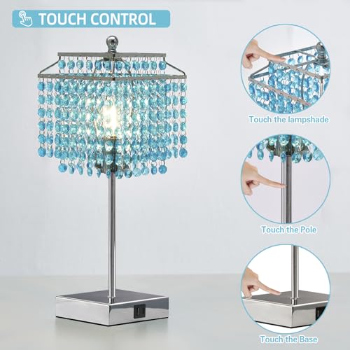 Luvkczc Crystal Table Lamp with Touch Control, Bedside Crystal Table Lamp with USB C+A Ports, Dimmable Lamp for Girls Bedroom, Living Room, Light Blue & B11 LED Bulb Included - color: Light Blue