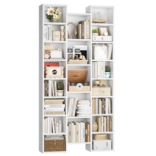 FOTOSOK 71'' H White Bookshelf with 21 Cubes, Triple Wide Tall Bookshelf | 8 Tier Bookcase with 8 Adjustable Shelves, Large Bookshelf DVD/CD Media Tower Storage, Freestanding Display Shelf Cabinet - color: White