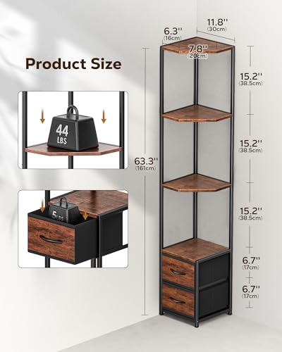 Housolution 6 Tier Corner Shelf Stand with Storage and Fabric Drawers,Brown | 63.4'' Tall Narrow Corner Bookshelf, Freestanding Corners Storage Shelf for Living Room Bedroom Small Space - color: Black + Brown, style: 6 Tier