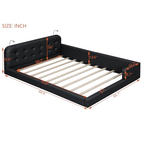 Merax Modern Tufted Plattform Bed with Headboard, Queen PU Leather Floor Day Bed Frame, No Box Spring Needed Black - color: Black / Pu, size: Queen
