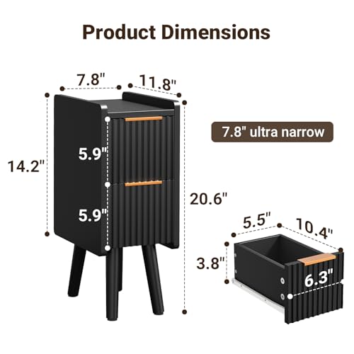 ELYKEN 7.9" Fluted Narrow Nightstand, 20.6" H Skinny Side Table, Black | Compact Design for Small Spaces, 2 Drawers, Modern Black Finish, Perfect as Bedside Table, End Table or Sofa Side Table - color: Black-1 Pcs